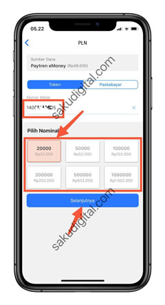 Masukkan Nomor Meter Nominal Token